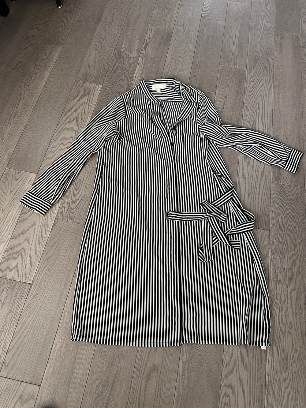 Michael Kors Black and White Striped Belted Trench Dress